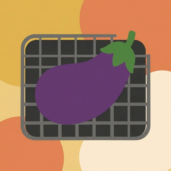 Eggplant On Roasting Rack displayed as a fresh food scene showing eggplant halves, roasted flesh, oven rack, and herb garnish