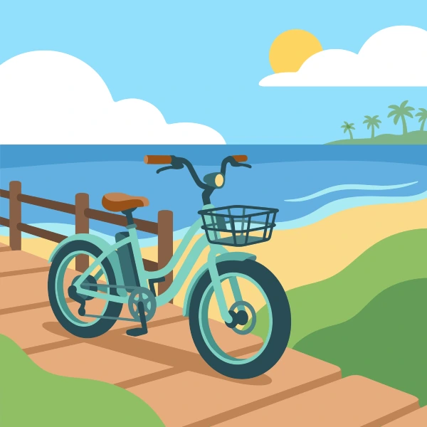 Turquoise, sand beige, and teal electric bike near sand, blue water, and palm trees, cliffs, or a pier.