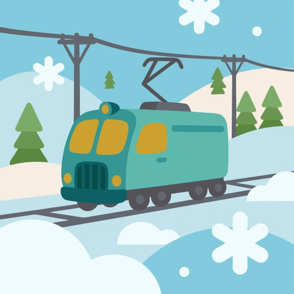 Teal, charcoal, and light blue electric locomotive surrounded by white snow, blue shadows, pine trees, and cold mountains.