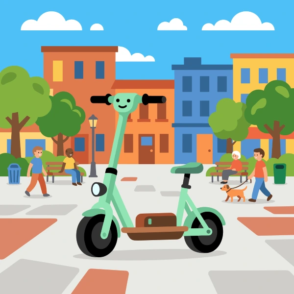 Orange, brown, and mint green electric scooter in front of colorful buildings, storefronts, signs, and clean pavement.