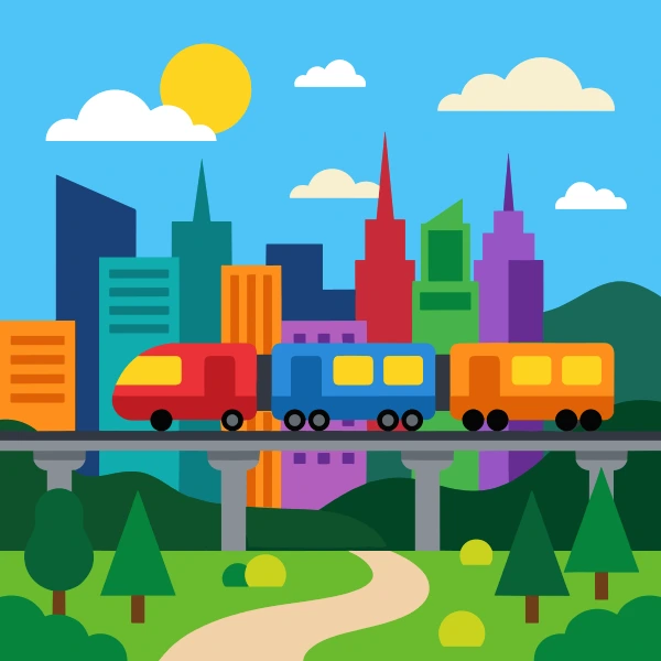 Elevated train by skyline with red and navy blue body tones, orange accents, and turquoise background.