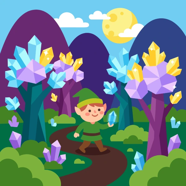 Elf in green clothing holding a glowing crystal in a forest with crystal trees under moonlight