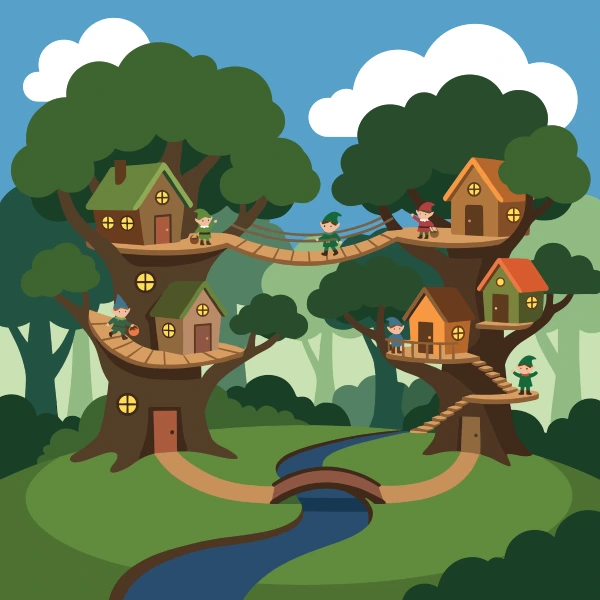 Elf Tree Village free printable jigsaw puzzle & coloring page