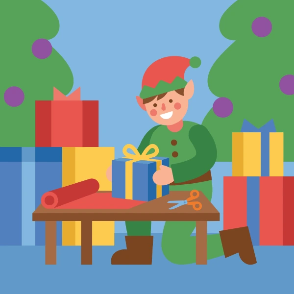 Smiling elf in green outfit and red hat wrapping blue gift at wooden table with scissors, wrapping paper, and stacked presents