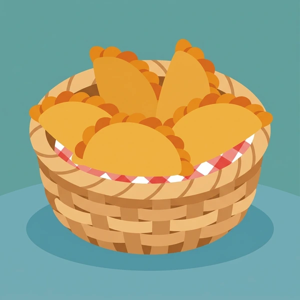 Empanadas In Basket displayed as a fresh food scene showing empanada pastries, crimped edges, woven basket, and dipping sauce or garnish