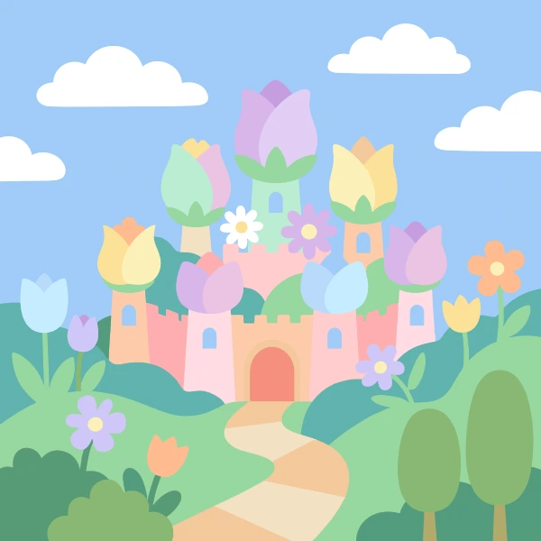 Pink pastel castle with tulip shaped towers surrounded by flowers and a winding garden path