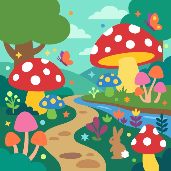 Enchanted Mushroom Forest free printable jigsaw puzzle & coloring page