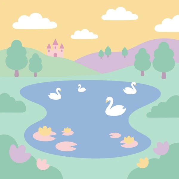 White swans on a pastel lake with lily pads and a pink castle visible on a distant hill