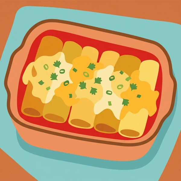 Enchiladas In Casserole Dish displayed as a fresh food scene showing rolled enchiladas, red chili sauce, melted cheese topping, and baking dish presentation