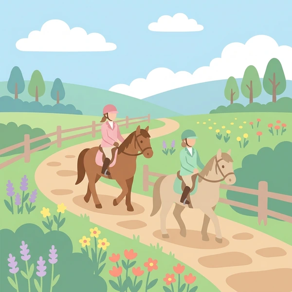 Two riders on brown horses riding a tan trail through a pink and purple wildflower meadow with rolling green hills and blue sky