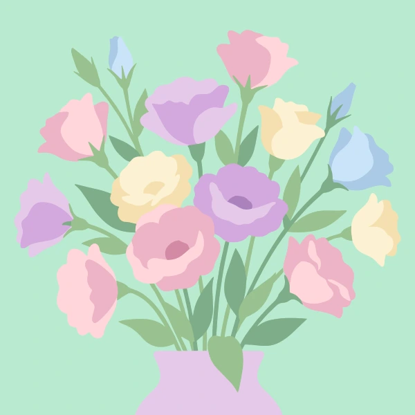 Pastel pink lavender yellow and blue eustoma lisianthus flowers in a round lilac vase on a mint green background