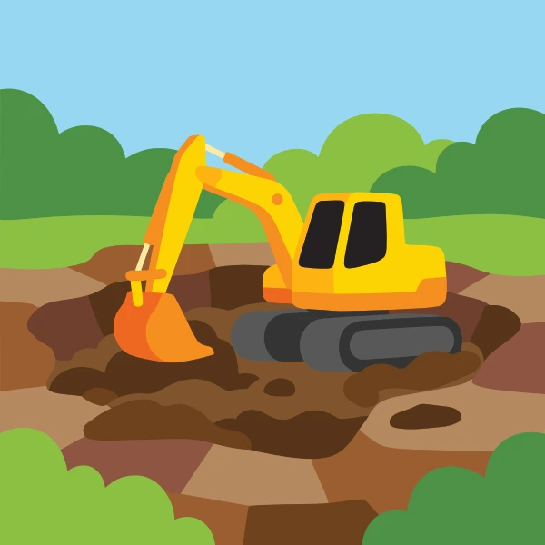 Yellow excavator with an orange bucket digging into a muddy brown pit, surrounded by green bushes and trees under a pale blue sky.
