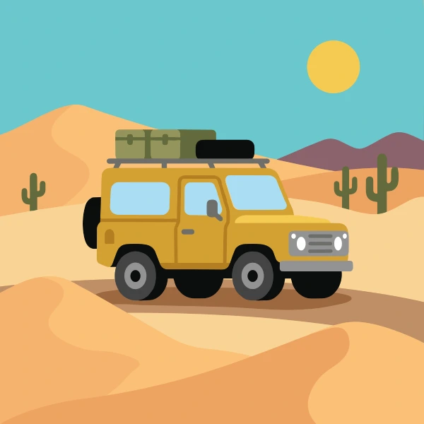 Mustard yellow, black, and light blue expedition truck crossing sandy ground with dunes, warm hills, cacti, or a bright sun.
