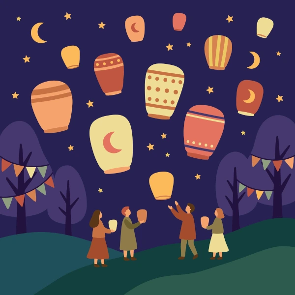 People releasing glowing paper lanterns into a night sky with moons stars and colorful bunting