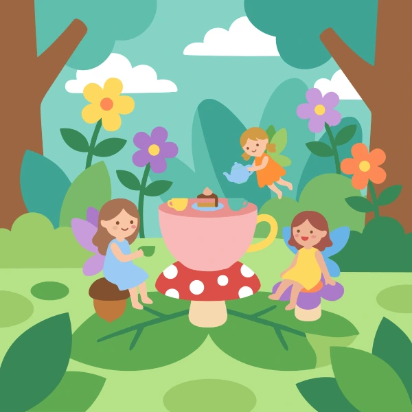 Three tiny fairies having tea from a giant teacup placed on top of a large mushroom