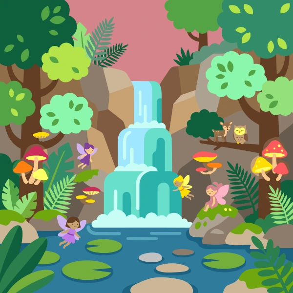 Fairy Waterfall Grove free printable jigsaw puzzle & coloring page