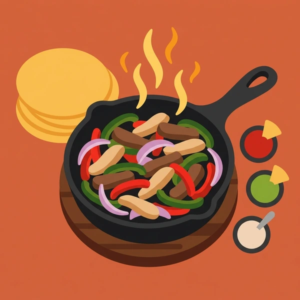 Fajitas On Sizzling Pan displayed as a fresh food scene showing sizzling fajita strips, bell pepper colors, onion slices, and cast iron skillet