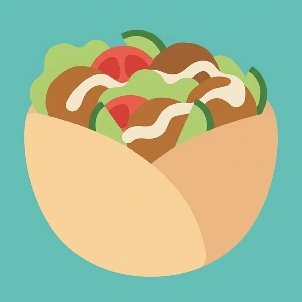 Falafel In Pita Wrap displayed as a fresh food scene showing crispy falafel balls, pita wrap, fresh lettuce, tomato, and tahini sauce