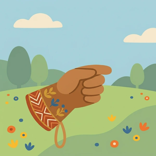 Brown leather falconry glove with red and gold embroidered patterns on an open green grassland field with blue sky