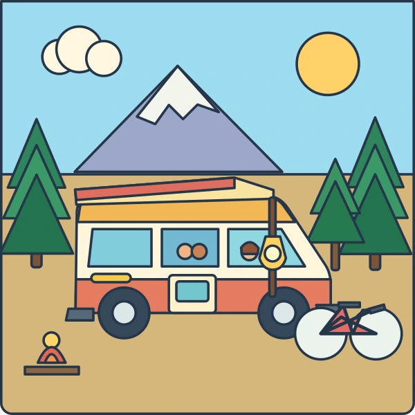 Family camper below a snowy mountain with pine trees, smiling passengers, bicycle, lantern, and campfire.