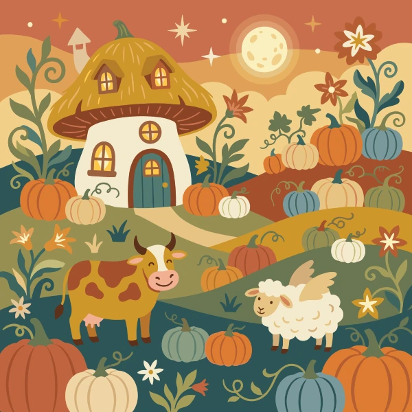 Mushroom house on a farm with pumpkins cow and sheep under a moonlit night sky