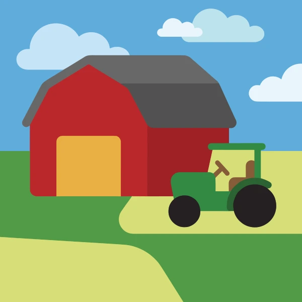 Red, charcoal, and mustard yellow farm buggy in fields with barns, crop rows, hay bales, or farm animals under a bright sky.
