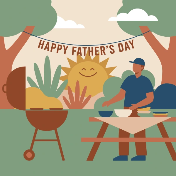 Happy Father's Day banner with dad grilling at barbecue on picnic table surrounded by trees under a smiling sun