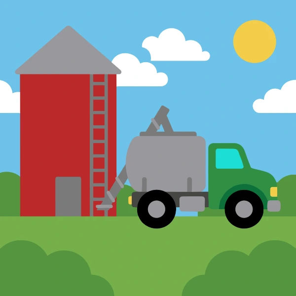 Red, earth brown, and turquoise feed truck in fields with barns, crop rows, hay bales, or farm animals under a bright sky.