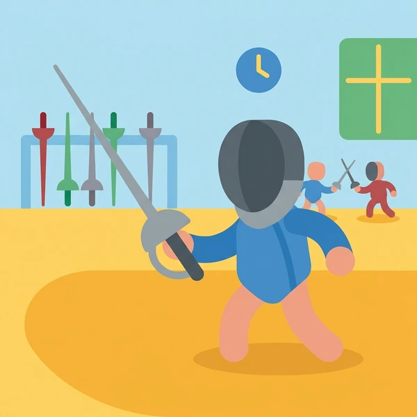 Gray-masked fencer in protective gear holding a blue epee in an indoor training hall with colored target squares on the wall