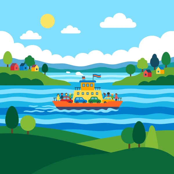 Turquoise, gray, and teal ferry crossing wide river on blue harbor water with docks, boats, cranes, or shoreline buildings.