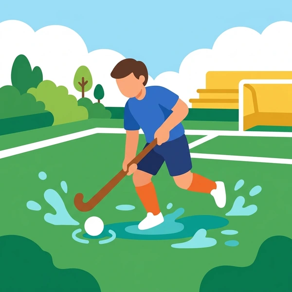 Field hockey player in a blue shirt and orange socks hitting a ball with a wooden stick on wet green turf with water splashes and trees in background