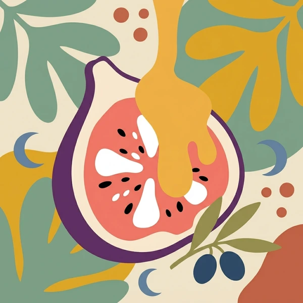 Fig With Honey Drizzle displayed as a fresh food scene showing halved figs, honey drizzle, seed detail, and boho plate styling
