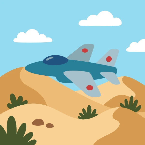 Peach, gray, and deep blue fighter jet crossing sandy ground with dunes, warm hills, cacti, or a bright sun.