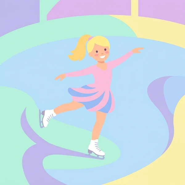 Blonde female figure skater in pink and blue costume mid-spin on light blue ice under purple and yellow stage lighting