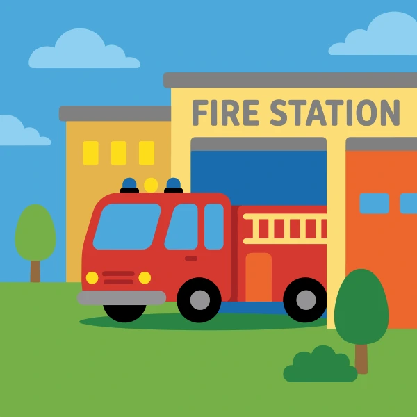 Red fire engine with blue roof lights parked in front of a yellow fire station building with an orange garage door, green trees, and blue sky.