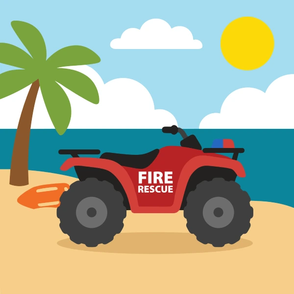 Red and white fire rescue atv near sand, blue water, and palm trees, cliffs, or a pier.