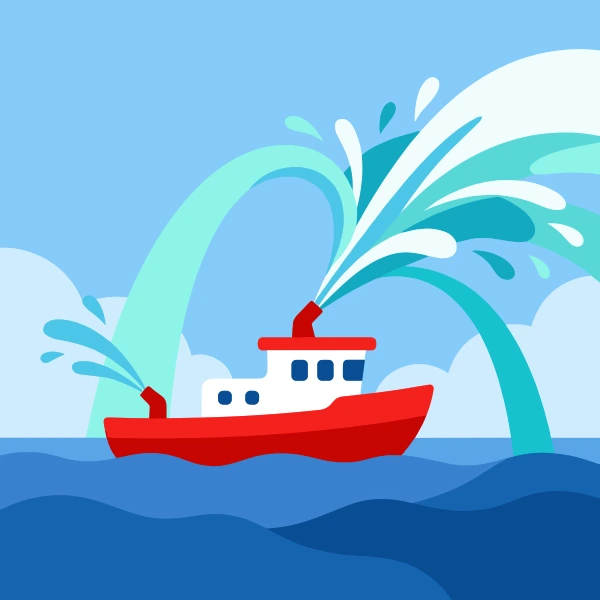 Red and white fireboat spraying water beside blue water with green banks, trees, and a wide bright sky.