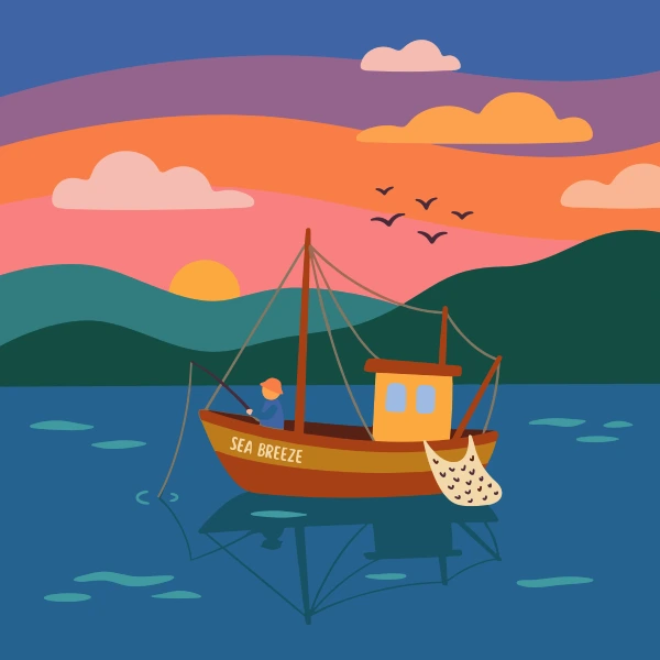 Pink, charcoal, and forest green fishing boat set against layered sunrise or sunset bands with a low sun and dark silhouettes.