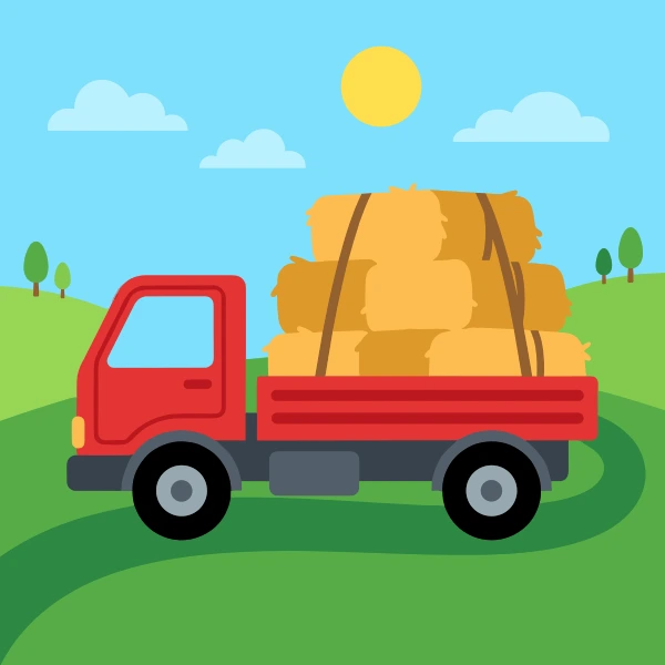 Red, charcoal, and sun yellow flatbed truck carrying hay in fields with barns, crop rows, hay bales, or farm animals under a bright sky.