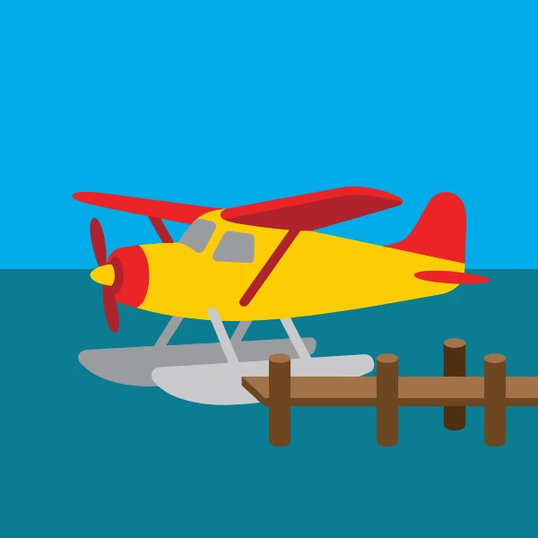 Mustard yellow, gray, and red floatplane on blue harbor water with docks, boats, cranes, or shoreline buildings.