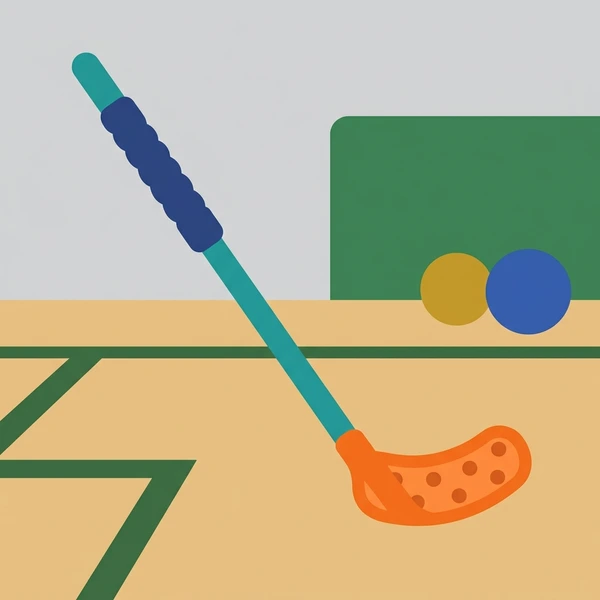 Teal and navy floorball stick with an orange blade on a beige wooden gym floor with a yellow ball and green wall in background