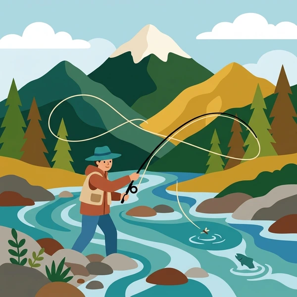 Angler in a tan vest and hat casting a fly line over a mountain stream with white peaks, green evergreen trees, and brown rocks