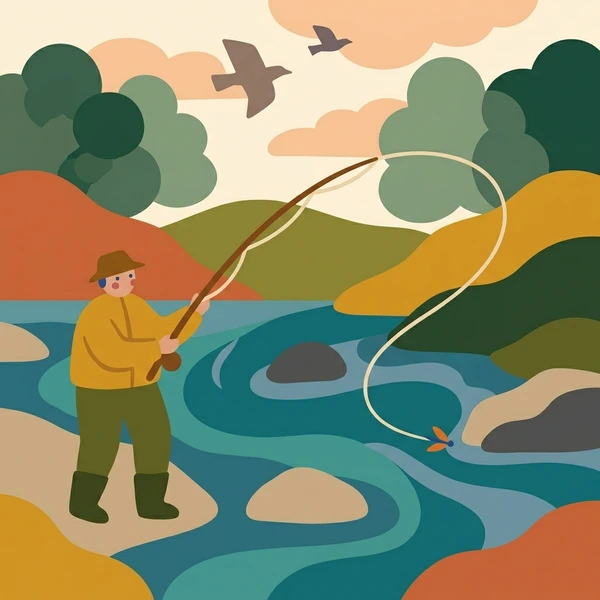 Angler in a yellow jacket casting a fly line over a calm blue river with green rolling hills, brown trees, and birds in the sky