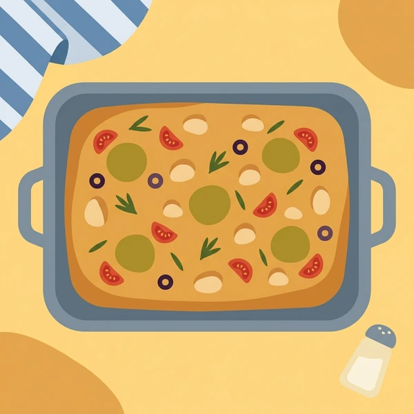 Focaccia In Bakery Tray displayed as a fresh food scene showing focaccia bread, olive oil sheen, rosemary sprigs, sea salt flakes, and baking tray