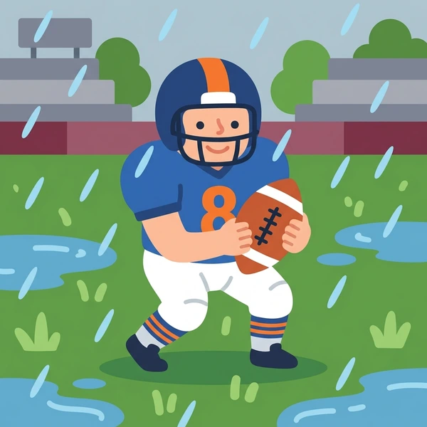 Football player in a blue uniform with an orange helmet stripe holding a ball on wet green grass with puddles and rain in a stadium