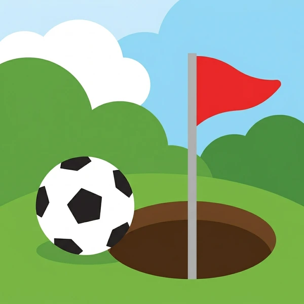 Black and white soccer ball on a green putting surface next to a hole with a red flag on a rolling golf course fairway under a blue sky