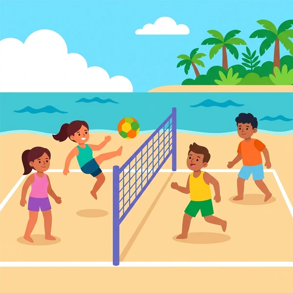 Four players in pink, blue, orange, and yellow swimwear playing footvolley on yellow sand with a net, turquoise water, and palm trees