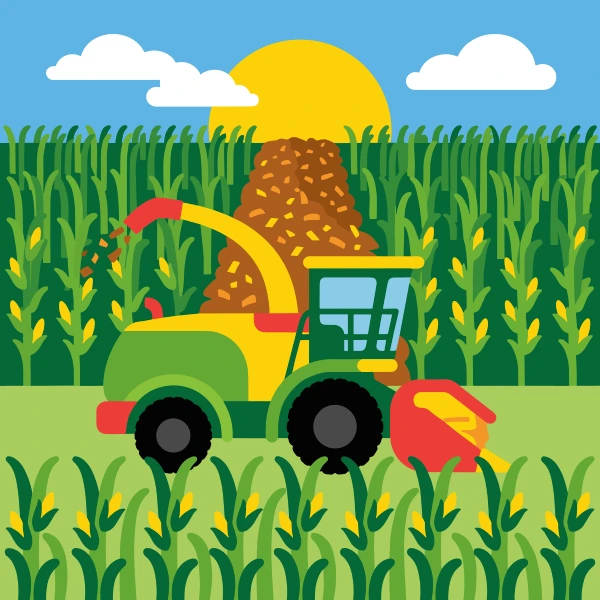 Leaf green, brown, and mustard yellow forage harvester in fields with barns, crop rows, hay bales, or farm animals under a bright sky.