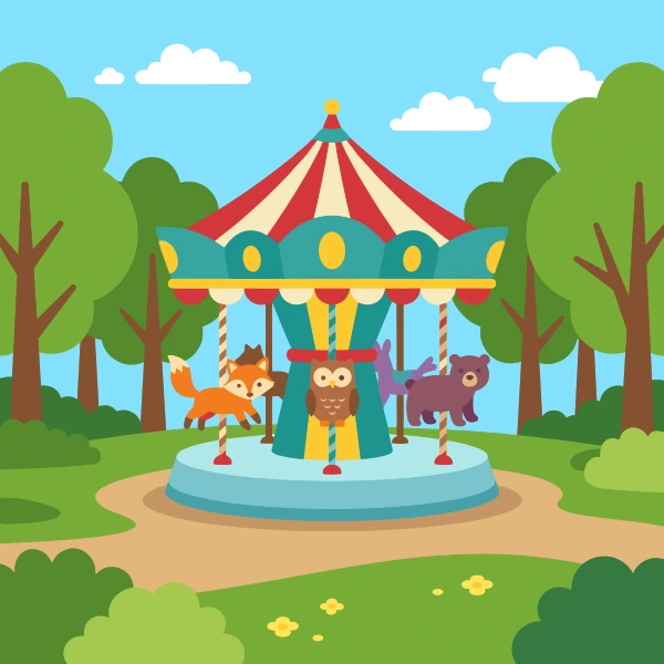 Magical carousel with fox owl and bear figures spinning in a sunlit forest clearing