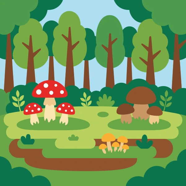 Enchanting forest clearing with red-capped mushrooms, tall green trees, and dappled sunlight